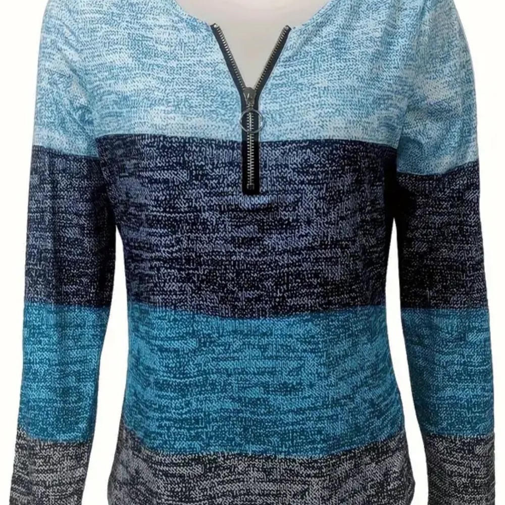 Blue and Gray Women's Zipper Top